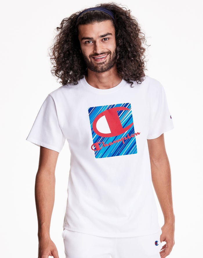 Champion Herre T-Shirts Hvide - Classic Jersey Inset Rectangle Logo - Danmark LAJ-123058